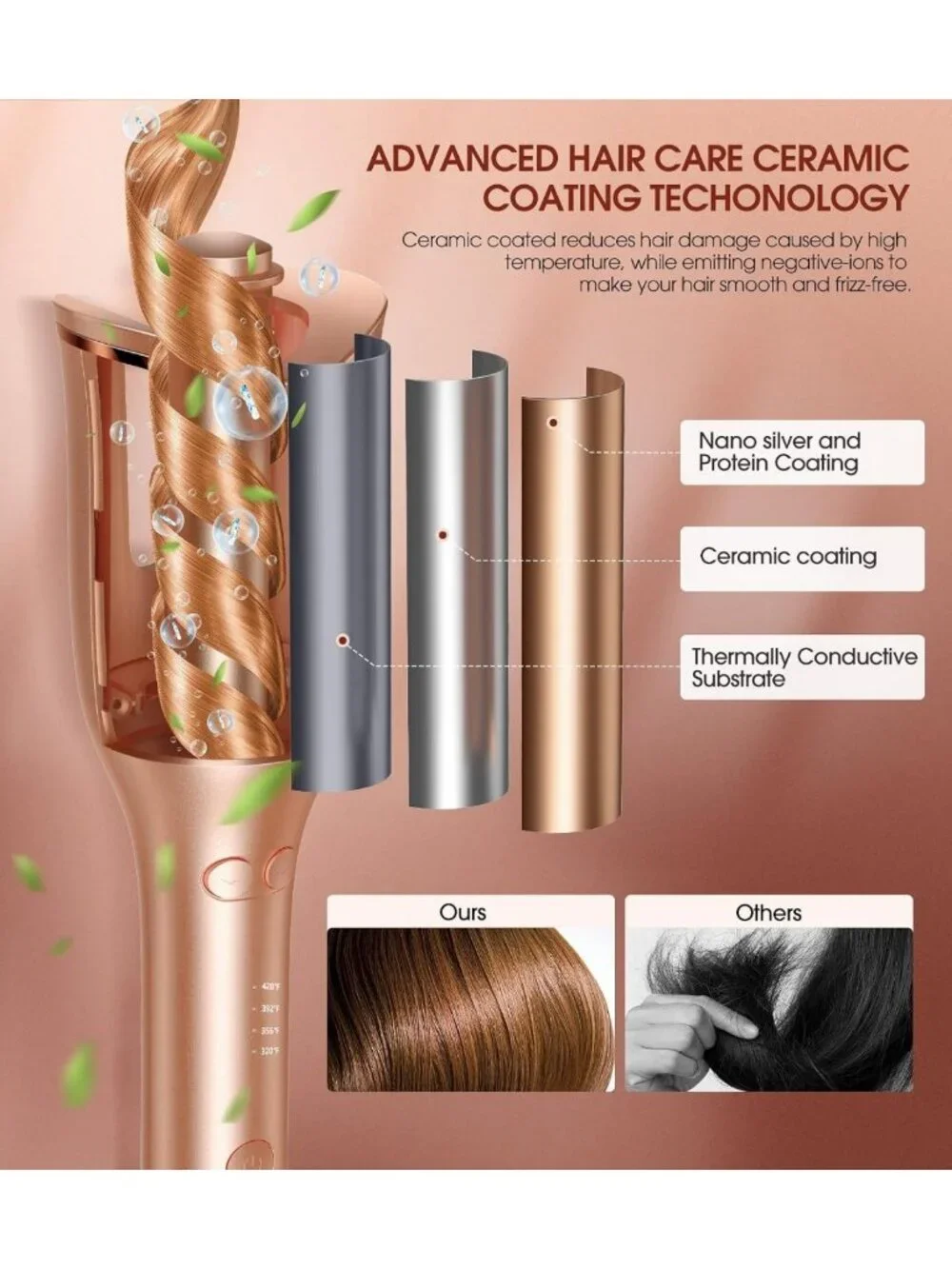 Automatic Curling Iron with 1'' Wand, 4 Temp Settings, Anti-Tangle & Auto